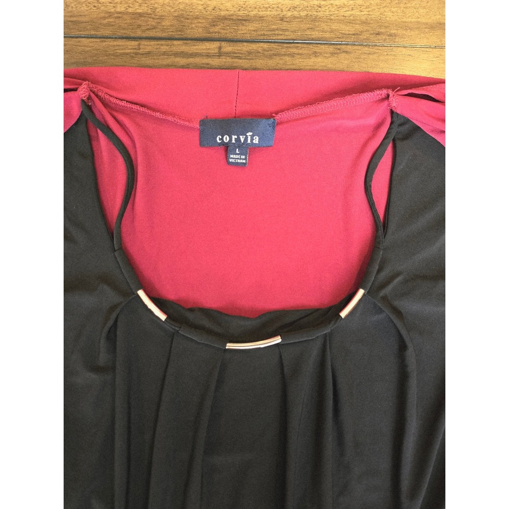 Corvia‎ Layered Look Cardigan Blouse Top Burgundy Black Metal Accent L - Picture 10 of 10